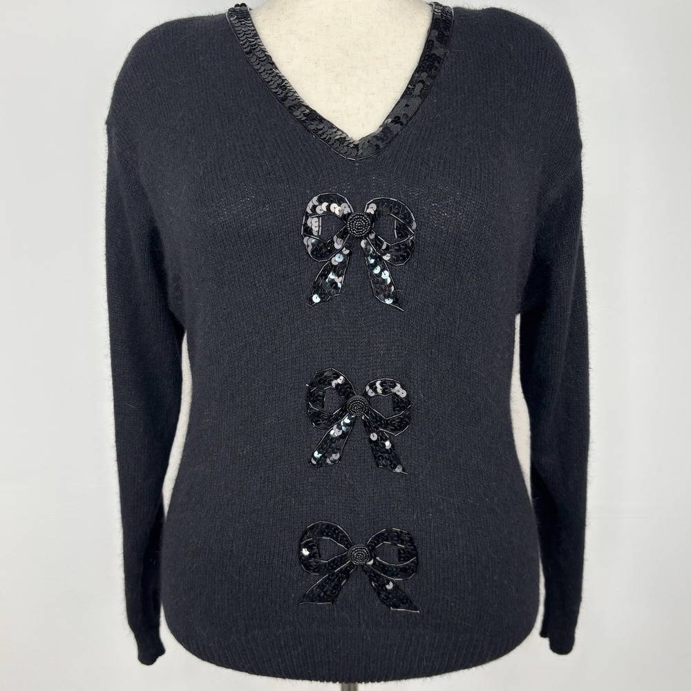 Vintage Karen Scott Sweater 1X Black Silk Christmas Bows Holiday Beaded Sequins
